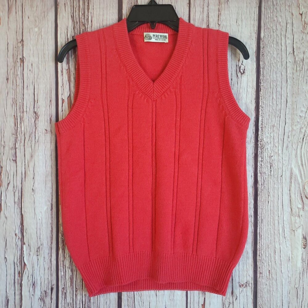 Pure Wool Vintage 80s Mens S Red Wool V-Neck Sleeveless Sweater Vest Ribbed Trim